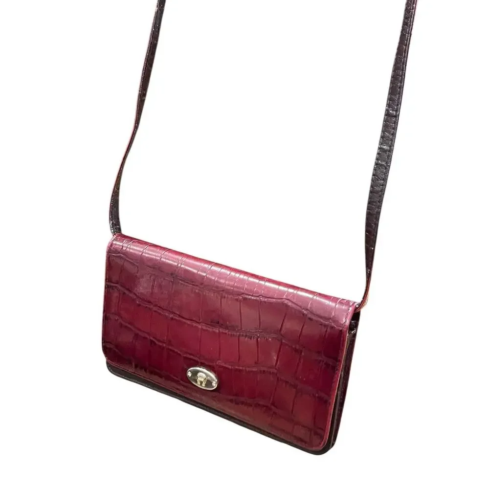 Vtg ETIENNE AIGNER Genuine Leather Croc Print Wallet / Crossbody Purse Oxblood